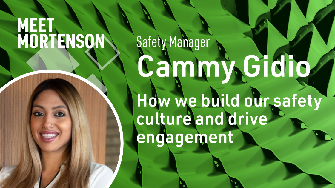 Cammy Gidio headshot smiling over a green pattern with the words "How we build our safety culture and drive engagement"