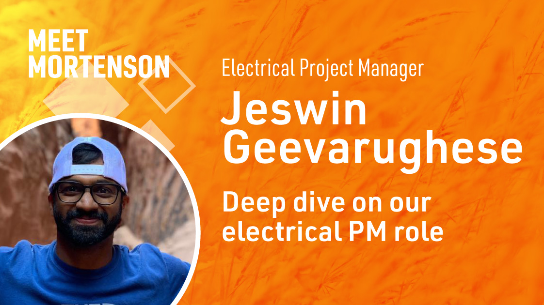 Electrical project manager, Jeswin Geevarughese and a deep dive into his role on an orange background with Jeswin smiling
