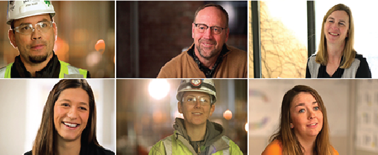 Grid of 3 across, 2 down, of smiling men and women who work at Mortenson