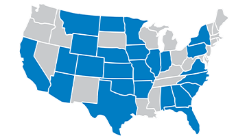 Map of the United States shaded with the states Civil has completed projects in.