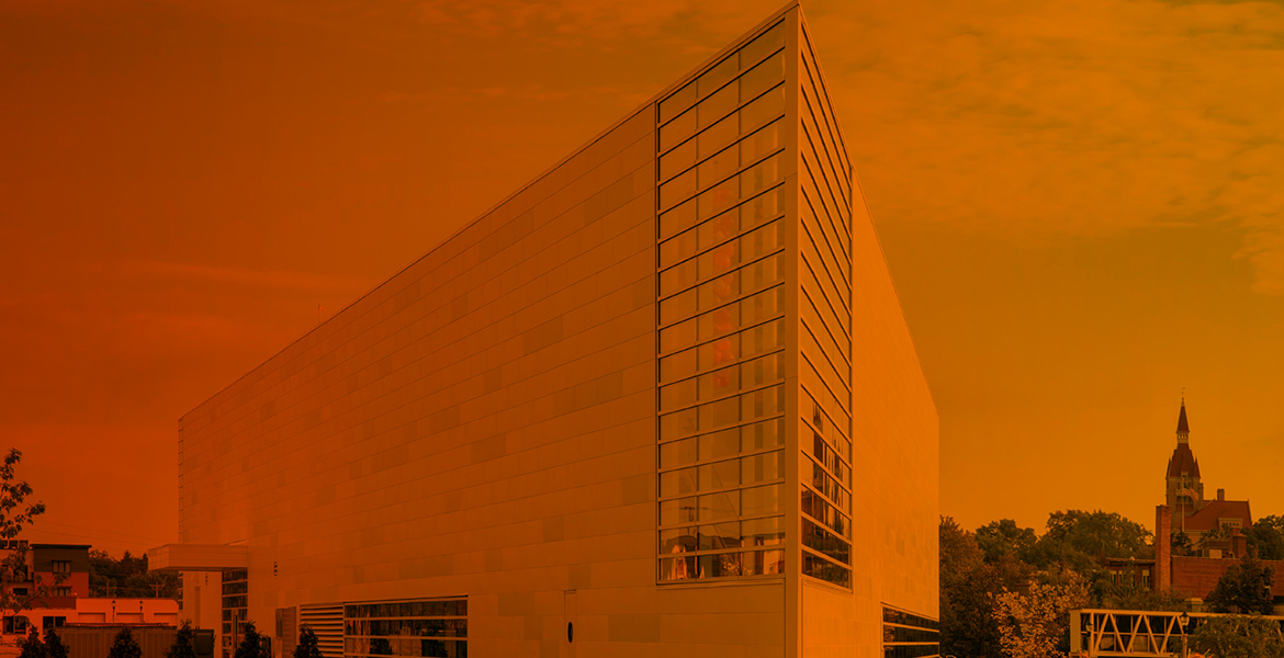 orange overlay on building with windowed corner