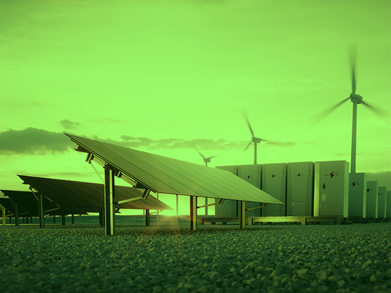 solar panel and wind turbines with green overlay