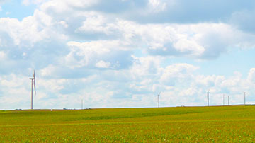 wind turbines with blue sky and green field