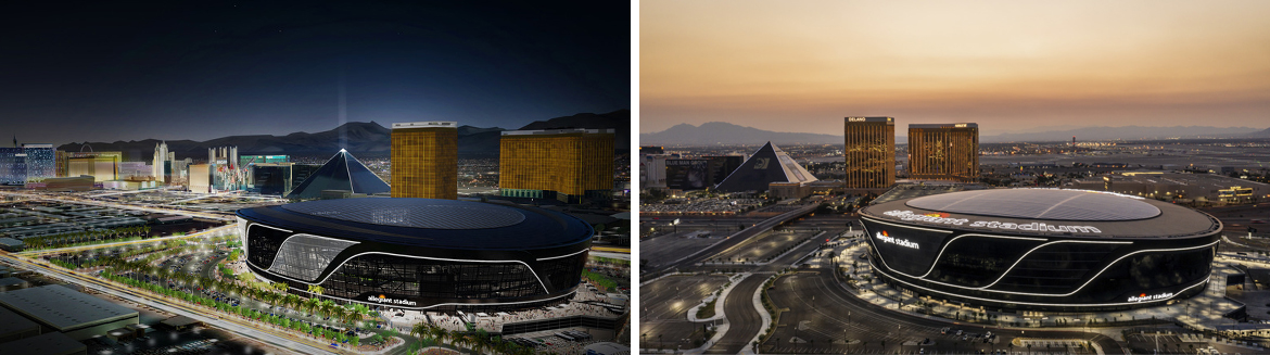 A rendering of Allegiant Stadium compared to the final build demonstrates how collaboration among the owner, architect, and construction partner can successfully bring a stadium owner’s vision to life. Image credits: Manica and Jason O'Rear Photography
