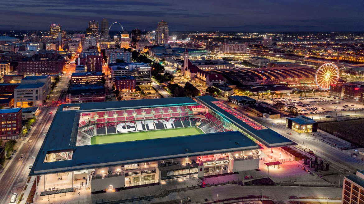 Centene Stadium in St. Louis, is the future home of the St. Louis CITY SC. The stadium will feature a large canopy designed for fan comfort and sound amplification.