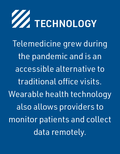 Technology Telemedicine grew during the pandemic and is an accessible alternative to traditional office visits. Wearable health technology also allows providers to monitor patients and collect data remotely. 