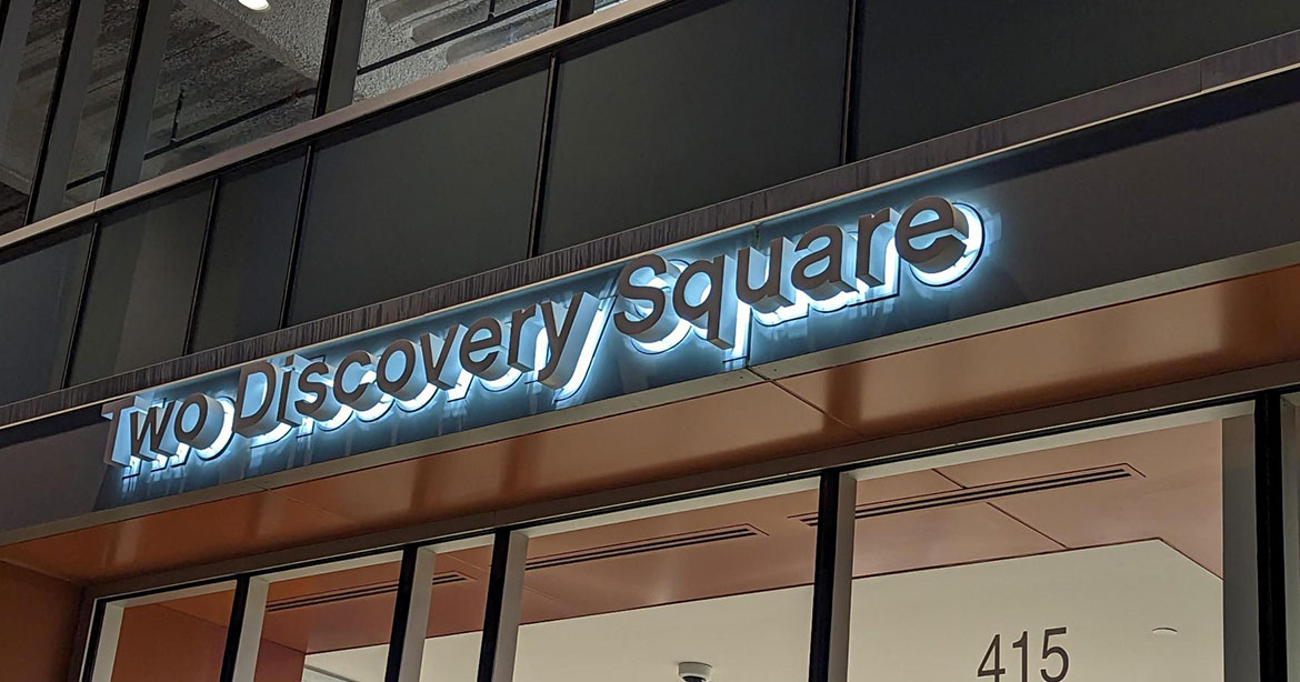 Two Discovery Square sign on building