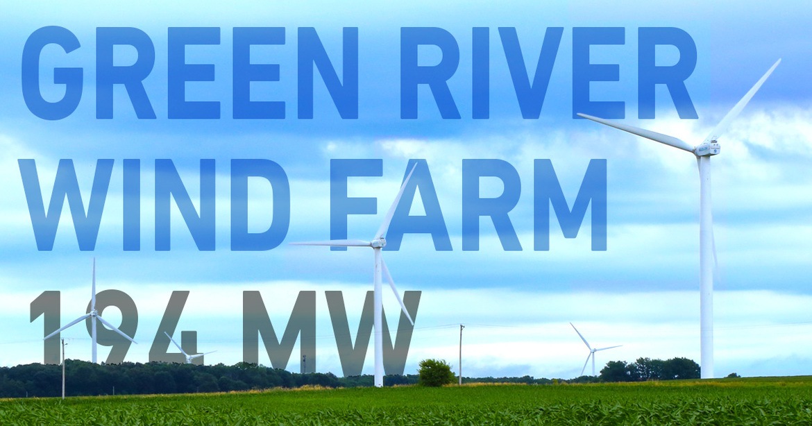 wind turbines with lettering in green field