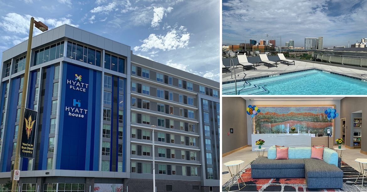 collage of hotel exterior, pool and inside room
