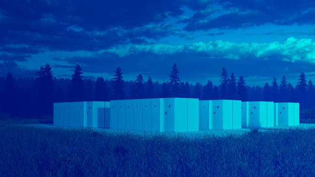 Energy storage units against pine trees with blue overlay