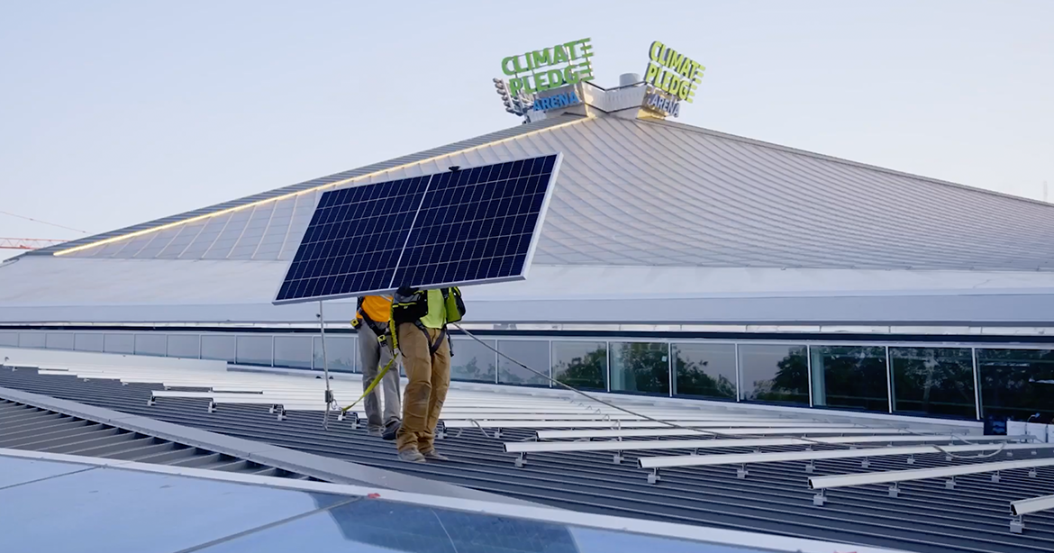 Solar panel installation on Climate Pledge Arena roof