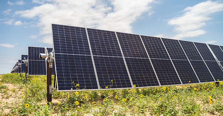 Close up view of solar panels in a field