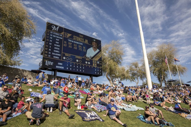 Fans on hill and scoreboard at American Family Fields of Phoenix