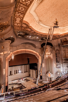 Arlene Schnitzer Concert Hall is seen under renovation with a specialty lift to reach the high ceilings