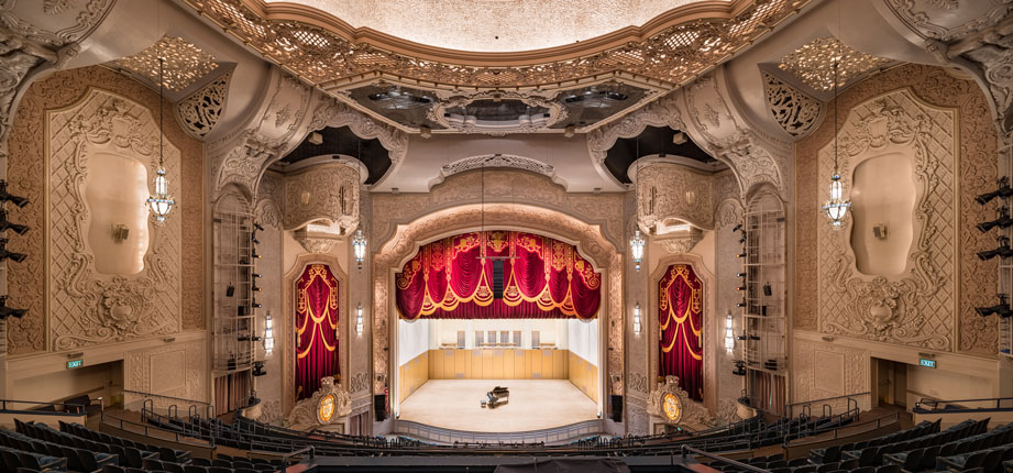 The Arlene Schnitzer Concert Hall stage is seen as viewed from the balcony