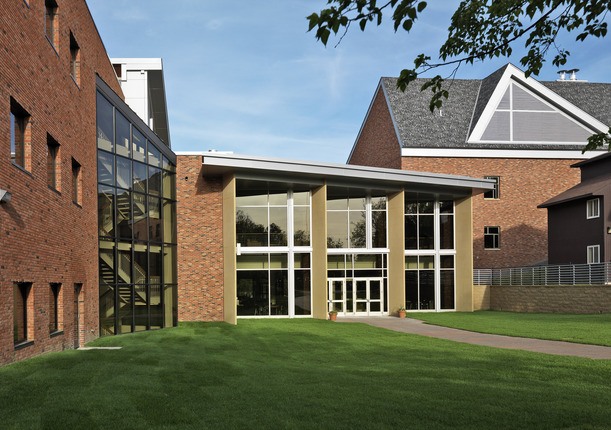 Bethel University Commons outside view with grass and sidewalk