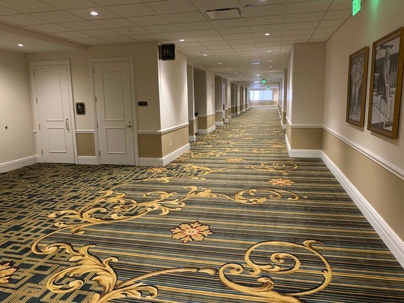 Long hallway with doors and designs on carpet