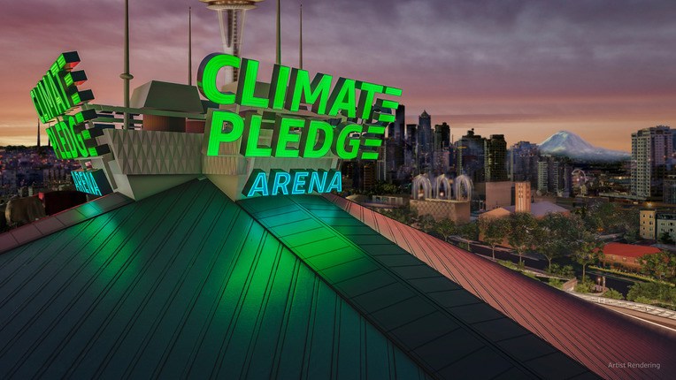Climate Pledge Arena sign on top of building.