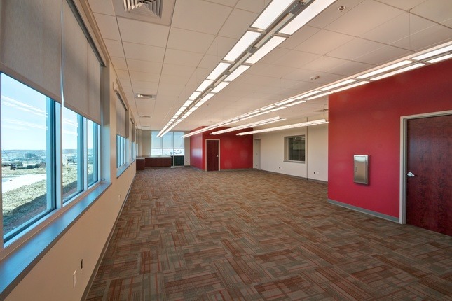 office hallway with red walls