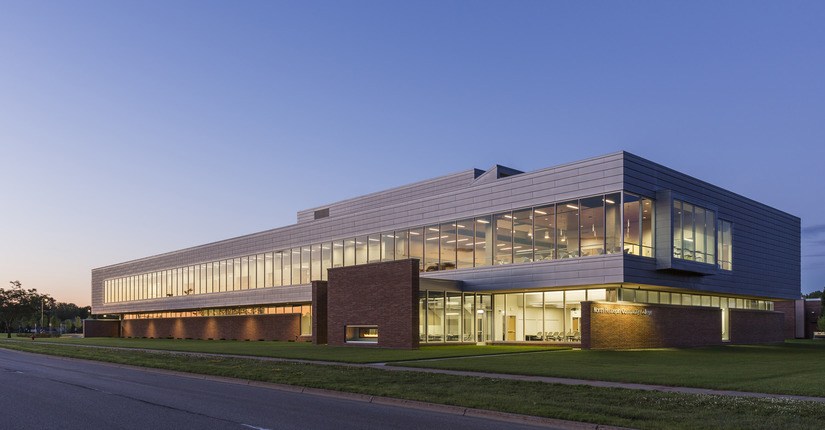 exterior of health careers center at night