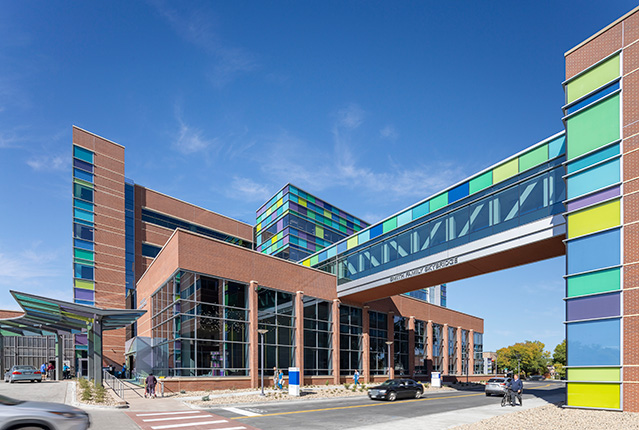 National Jewish Health - Center for Outpatient Health exterior skybridge colored panels