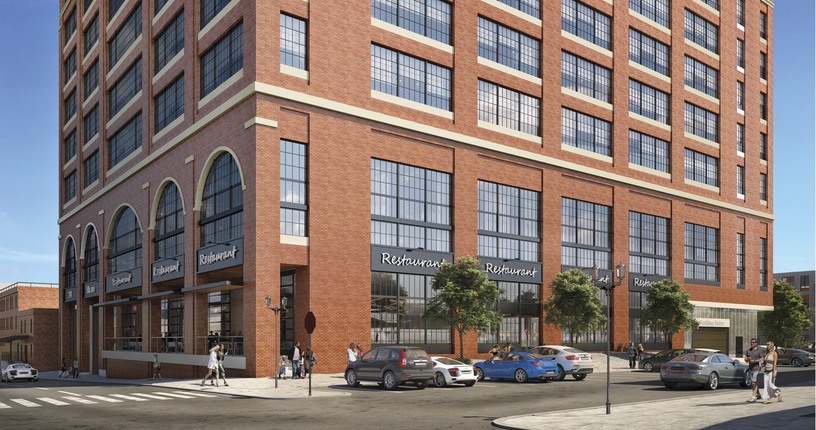 renovated office building in north loop with arched windows