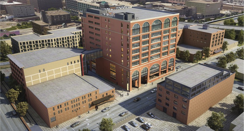 renovated office building in north loop with arched windows