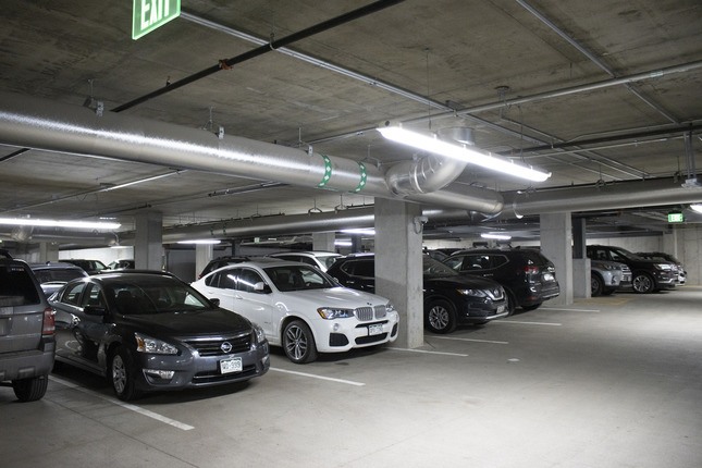 parking garage with cars parked
