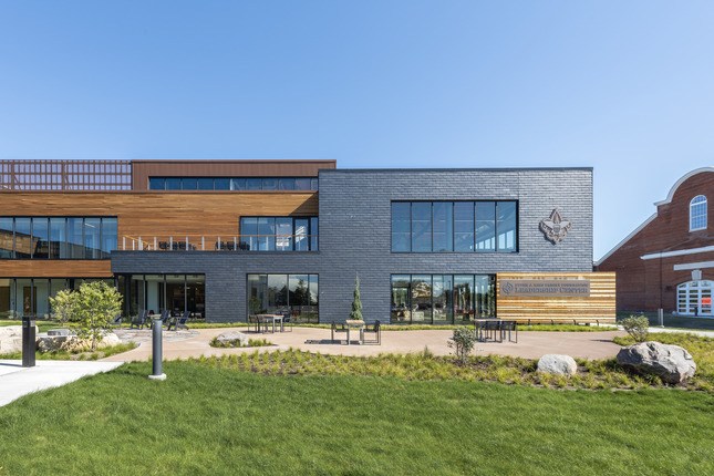 modern cedar and stone construction of northern star council leadership center