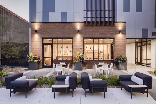 outdoor seating area at new Rafter Apartments in NE Minneapolis