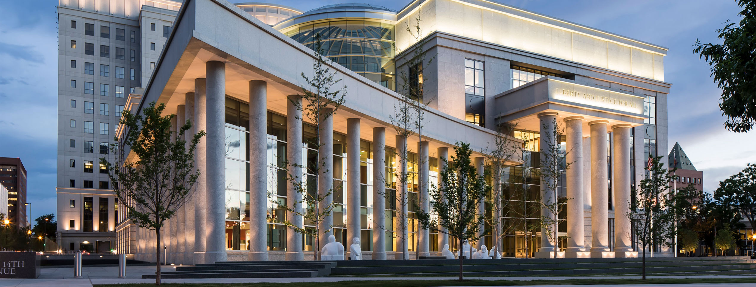 Exterior of brand new judicial center with pillars and large windows