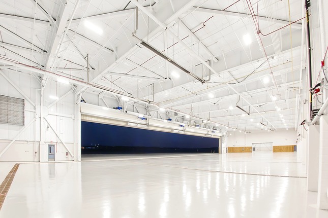 bright white interior of airplane hangar