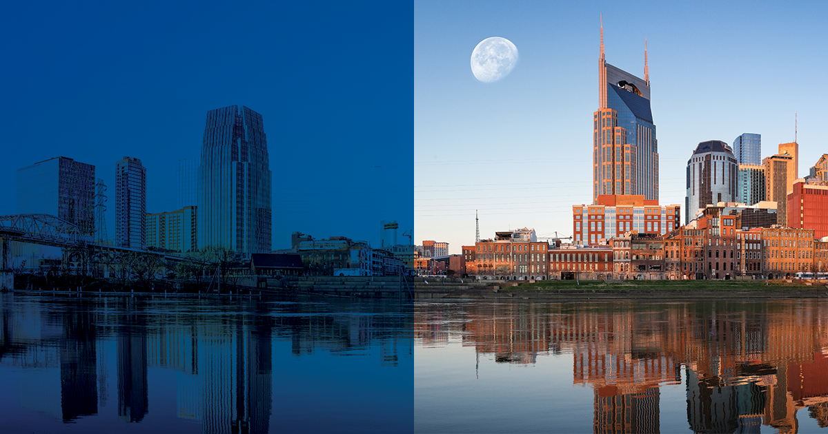 Nashville skyline reflection in water