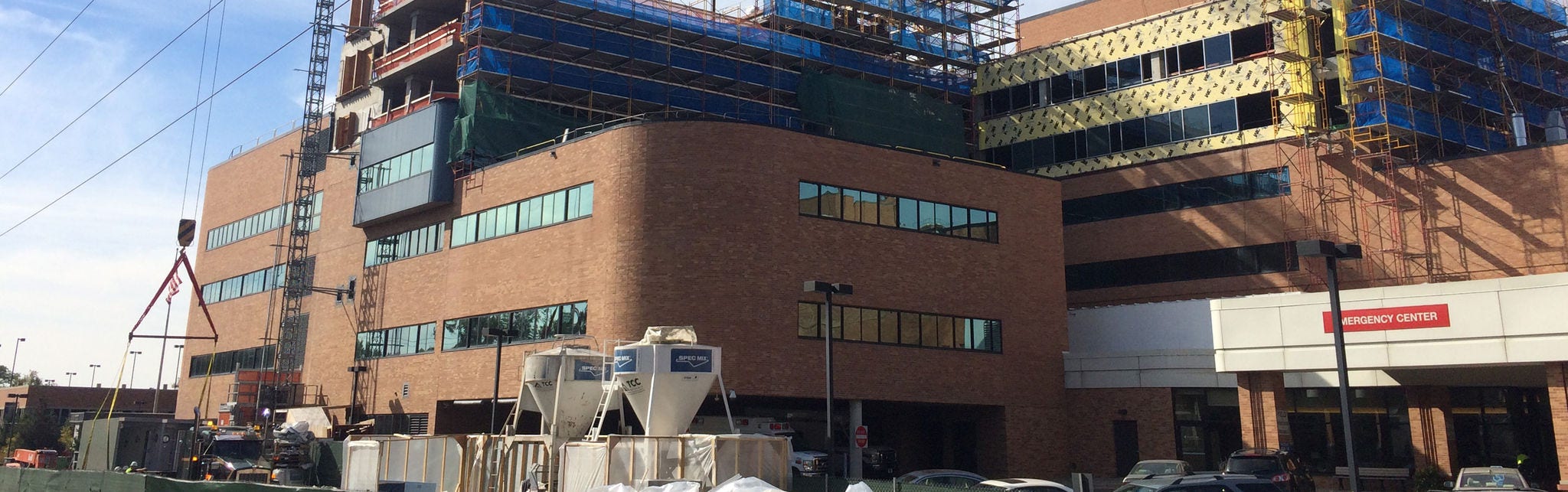 Hospital under construction with scaffolding