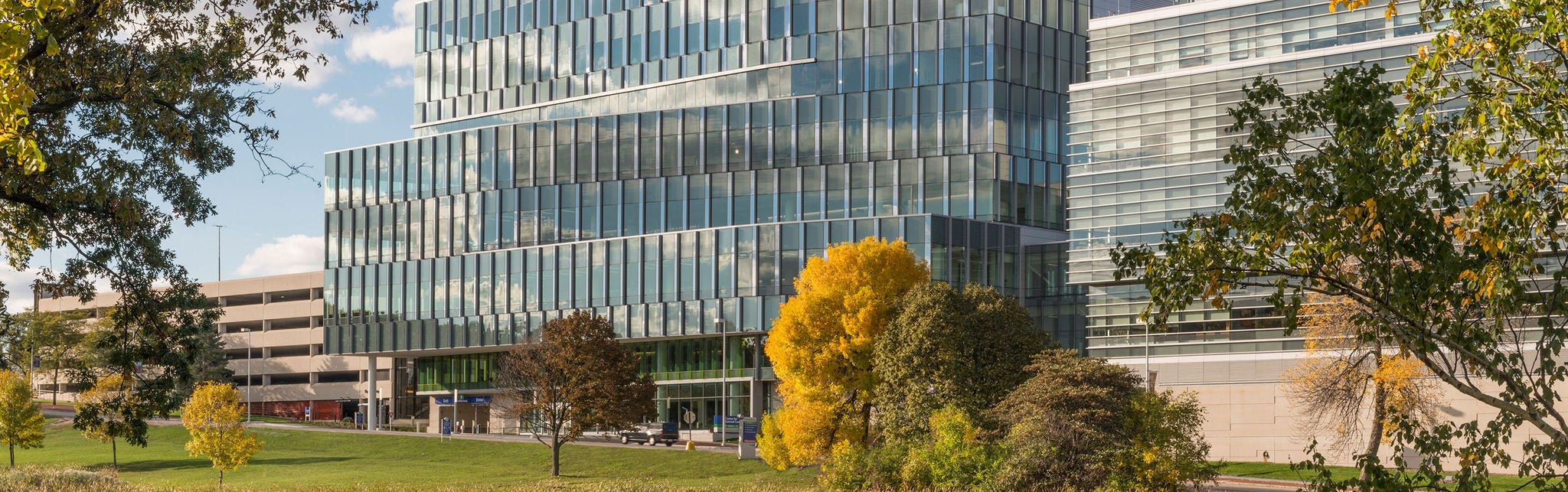 Modern glass building with autumn trees
