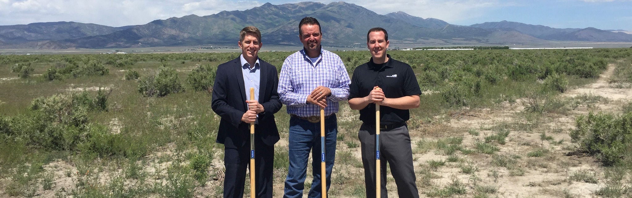 Businessmen with shovels in open landscape